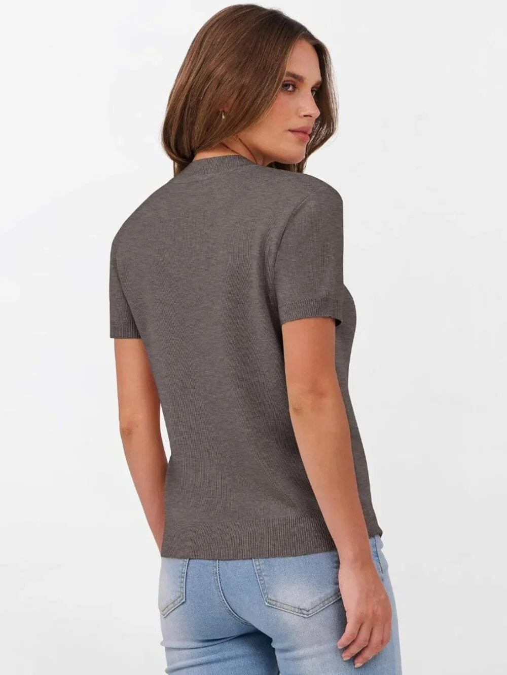 Women's Coffee Wool Blend Crew Neck Short Sleeve Casual Pull On Sweater